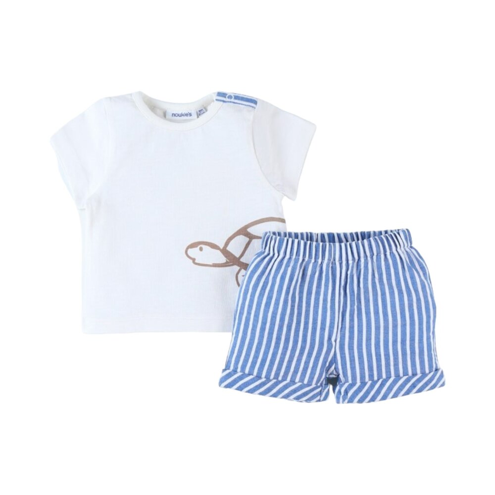 T-shirt + short 2-delig setje schildpad Ecru/blauw