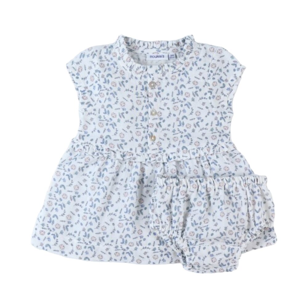 Jurk + bloomer set met bloemetjes Ecru/blauw