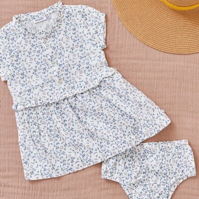 Jurk + bloomer set met bloemetjes Ecru/blauw