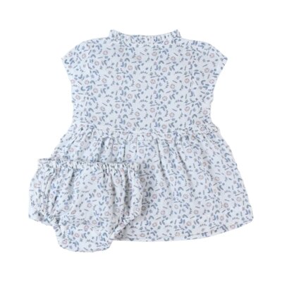 Jurk + bloomer set met bloemetjes Ecru/blauw