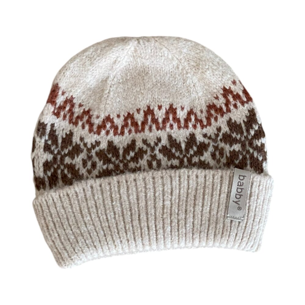 Gebreid mutsje met fair isle detail Beige