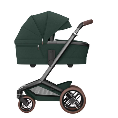 Kinderwagen FAME + reiswieg (donker frame + bruine wielen + bruin leder) Twillic Green