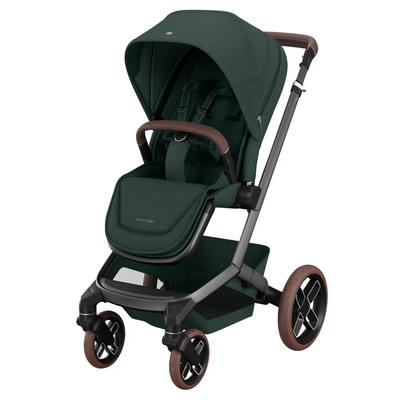 Kinderwagen FAME + reiswieg (donker frame + bruine wielen + bruin leder) Twillic Green