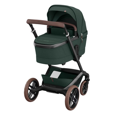 Kinderwagen FAME + reiswieg (donker frame + bruine wielen + bruin leder) Twillic Green