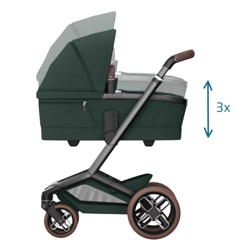 Kinderwagen FAME + reiswieg (donker frame + bruine wielen + bruin leder) Twillic Green