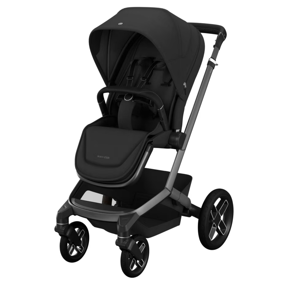 Kinderwagen FAME + reiswieg (donker frame + zwarte wielen + zwart leder) Twillic Black