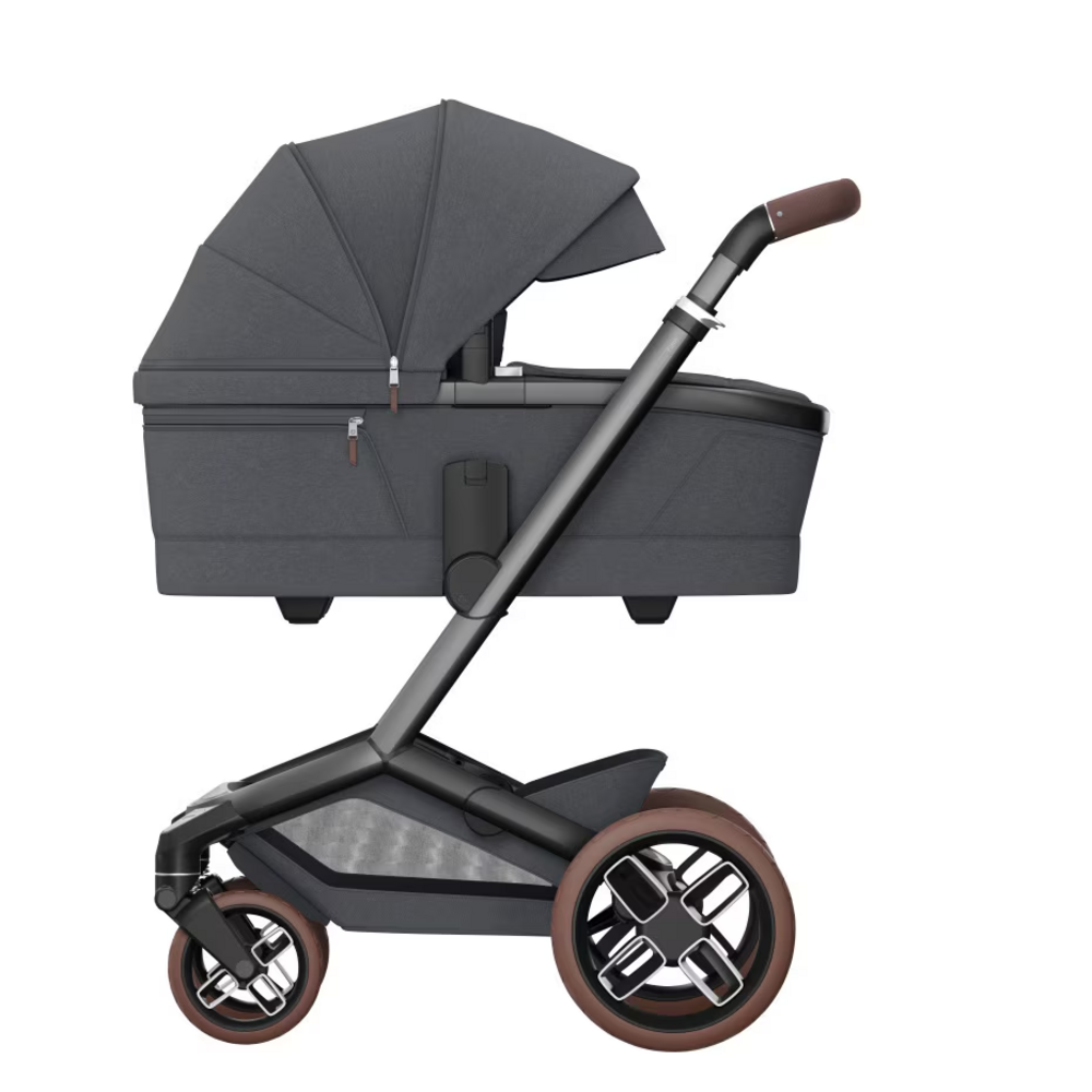 Kinderwagen FAME + reiswieg (donker frame + bruine wielen + bruin leder) Twillic Graphite