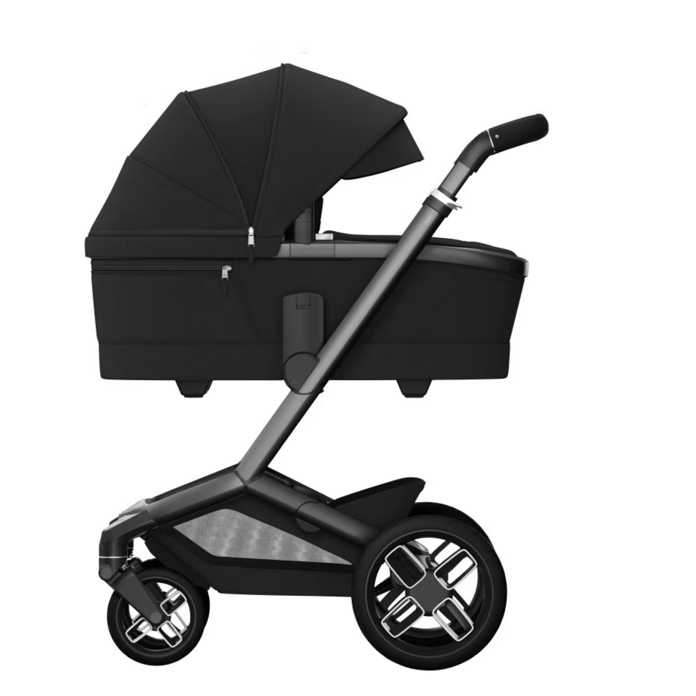 Kinderwagen FAME + reiswieg (donker frame + zwarte wielen + zwart leder) Twillic Black