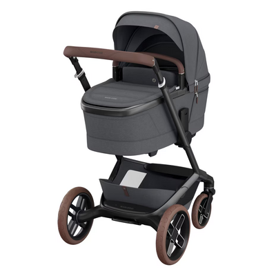 Kinderwagen FAME + reiswieg (donker frame + bruine wielen + bruin leder) Twillic Graphite