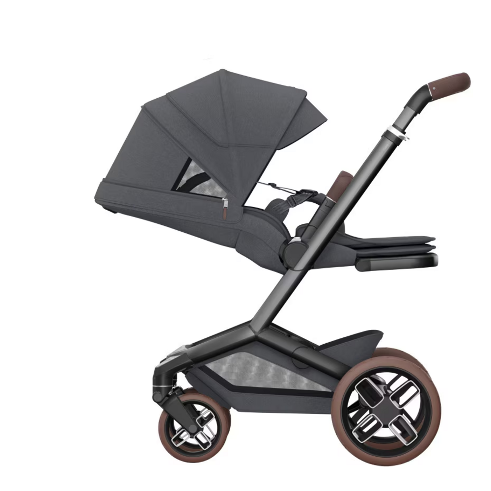 Kinderwagen FAME + reiswieg (donker frame + bruine wielen + bruin leder) Twillic Graphite