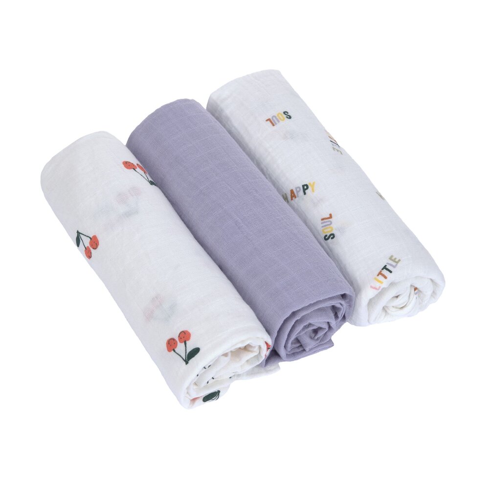 Swaddle & Burp Blanket L GOTS Happy Fruits 3 pcs, 85 x 85 cm Cherry