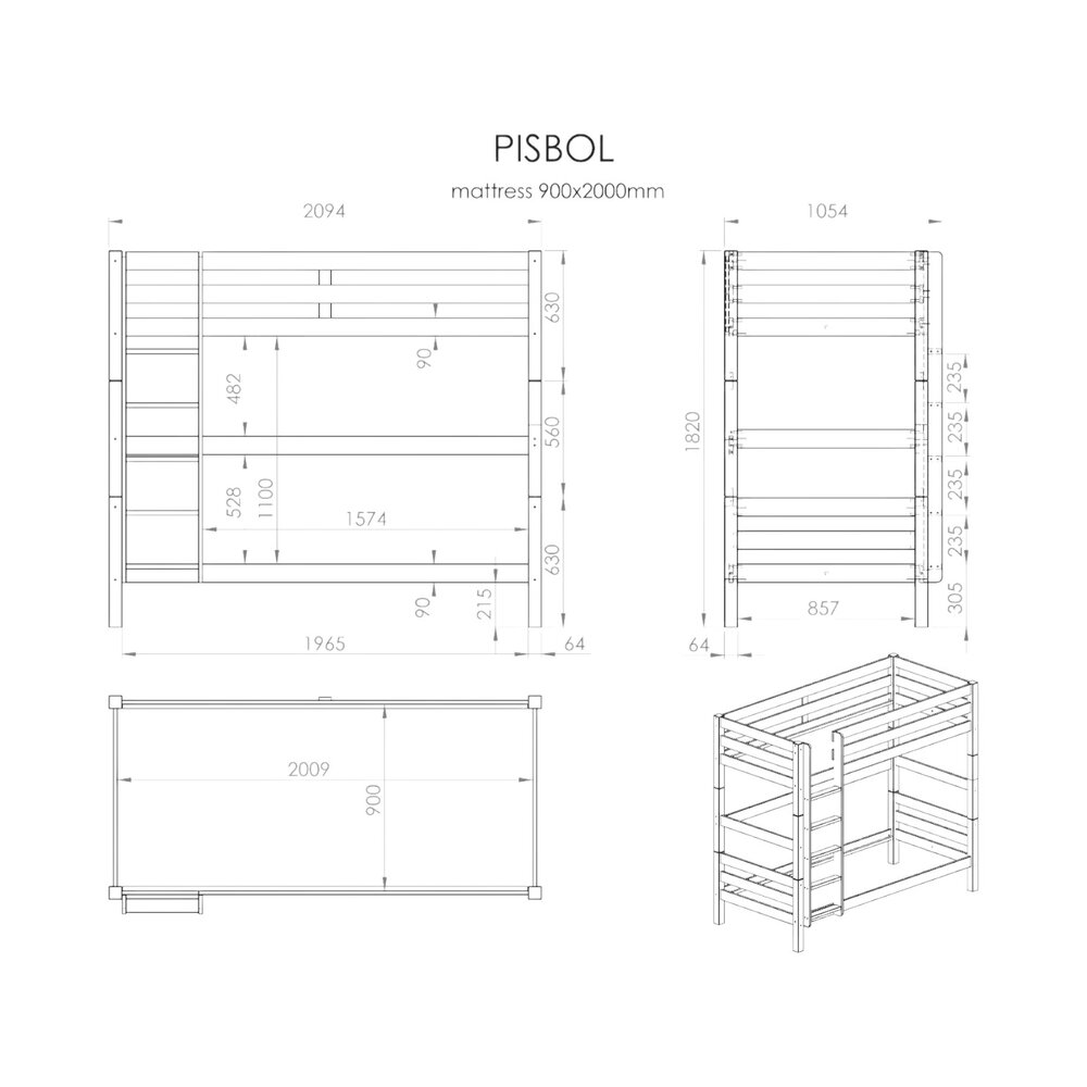 Pino Stapelbed H180cm 90 X 200 cm Grijs