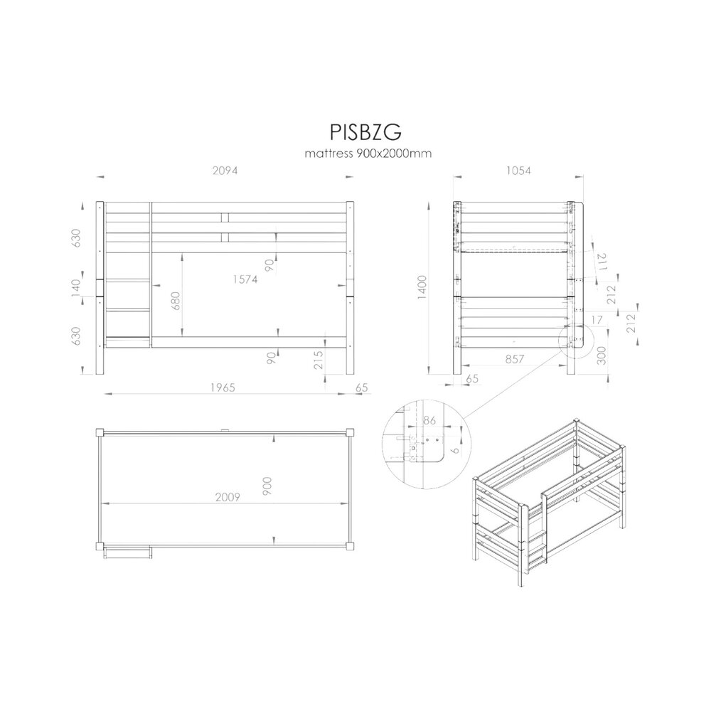 Pino Stapelbed H140cm 90 X 200 cm Wit