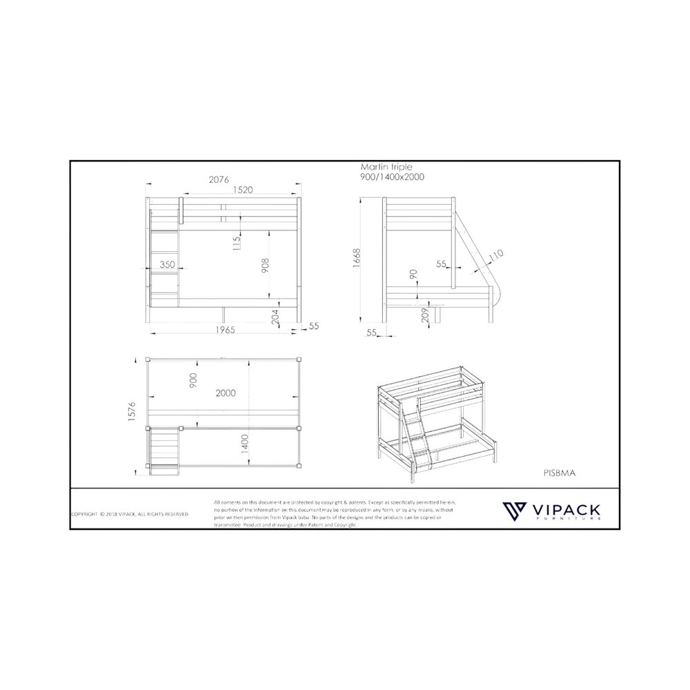 Pino Familiebed 140 X 200 cm + 90 X 200 cm Wit