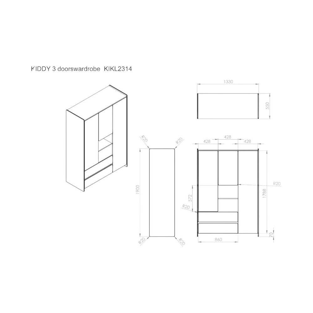 Kiddy 3-deurs Kleerkast Wit