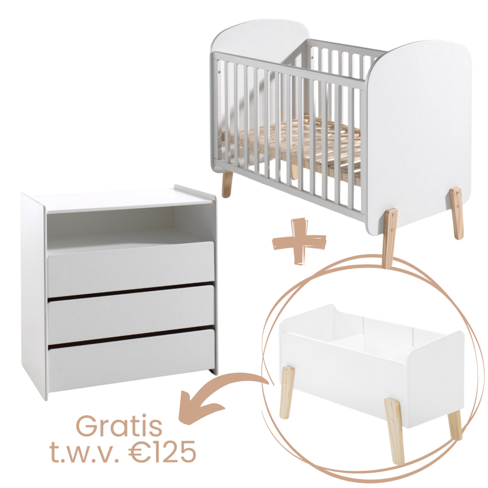 Kiddy 2-delige kamer (babybed+commode+opzetstuk) + GRATIS speelgoedkoffer