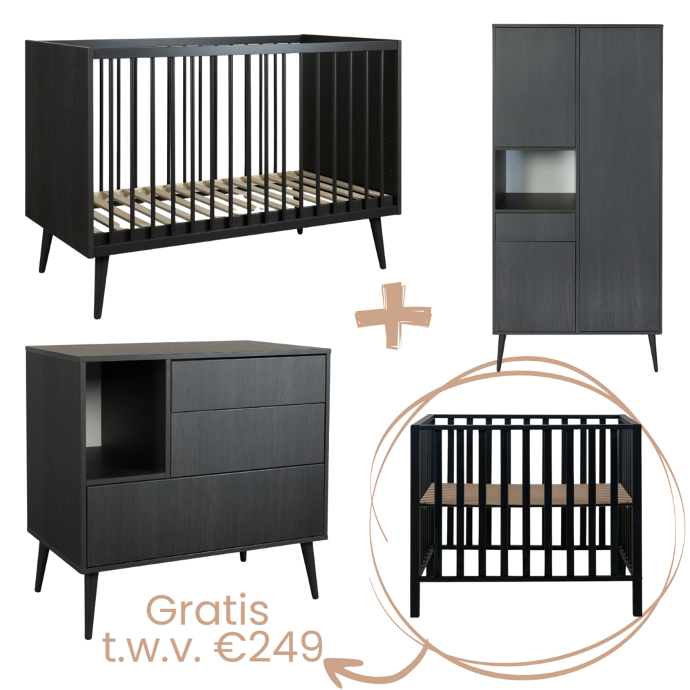 Cocoon Eboni 3-delige kamer (babybed 70x140+commode+extensie+2-deurskast) + GRATIS box