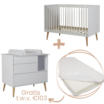 Cocoon Ice White 2-delige kamer (babybed 70x140+commode+extensie) + GRATIS matras