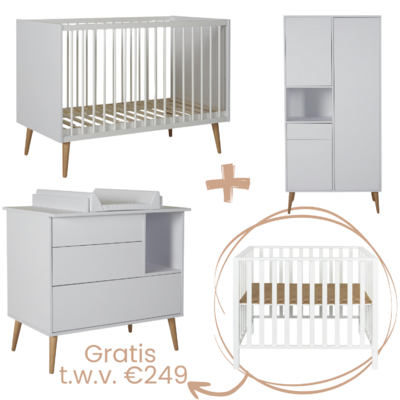 Cocoon Ice white 3-delige kamer (babybed 70x140+commode+extensie+2-deurskast) + GRATIS box