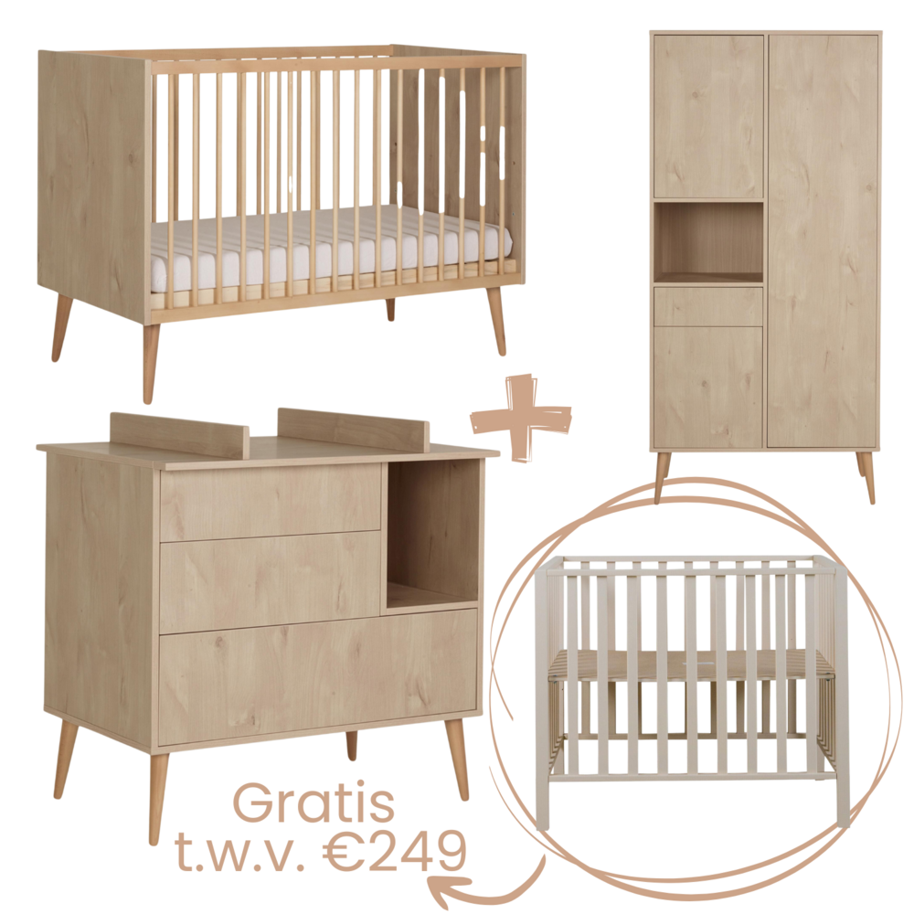 Cocoon Natural 3-delige kamer (babybed 70x140+commode+extensie+2-deurskast) + GRATIS box