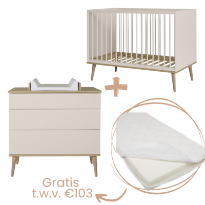 Flow Clay 2-delige kamer (babybed 70x140+commode+extensie) + GRATIS matras