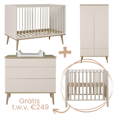 Flow Clay 3-delige kamer (babybed 70x140+commode+extensie+2-deurskast) + GRATIS box