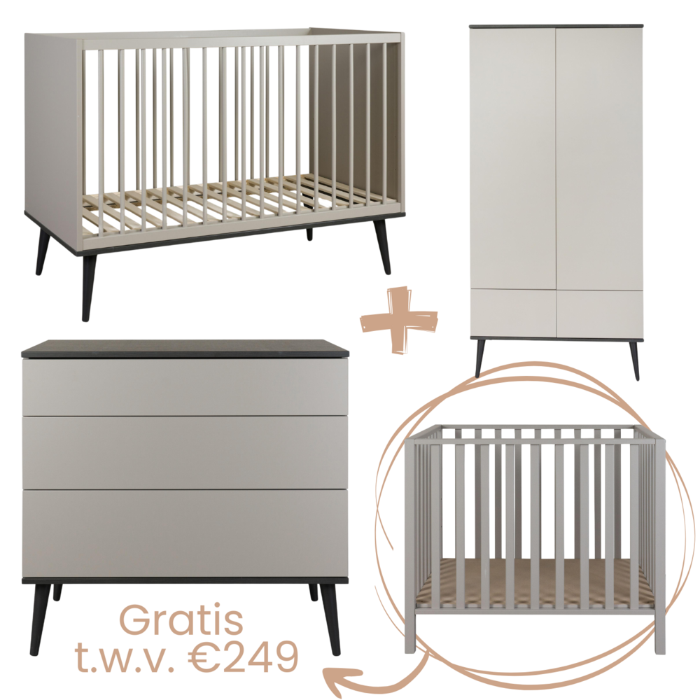 Flow Stone 3-delige kamer (babybed 70x140+commode+extensie+2-deurskast) + GRATIS box