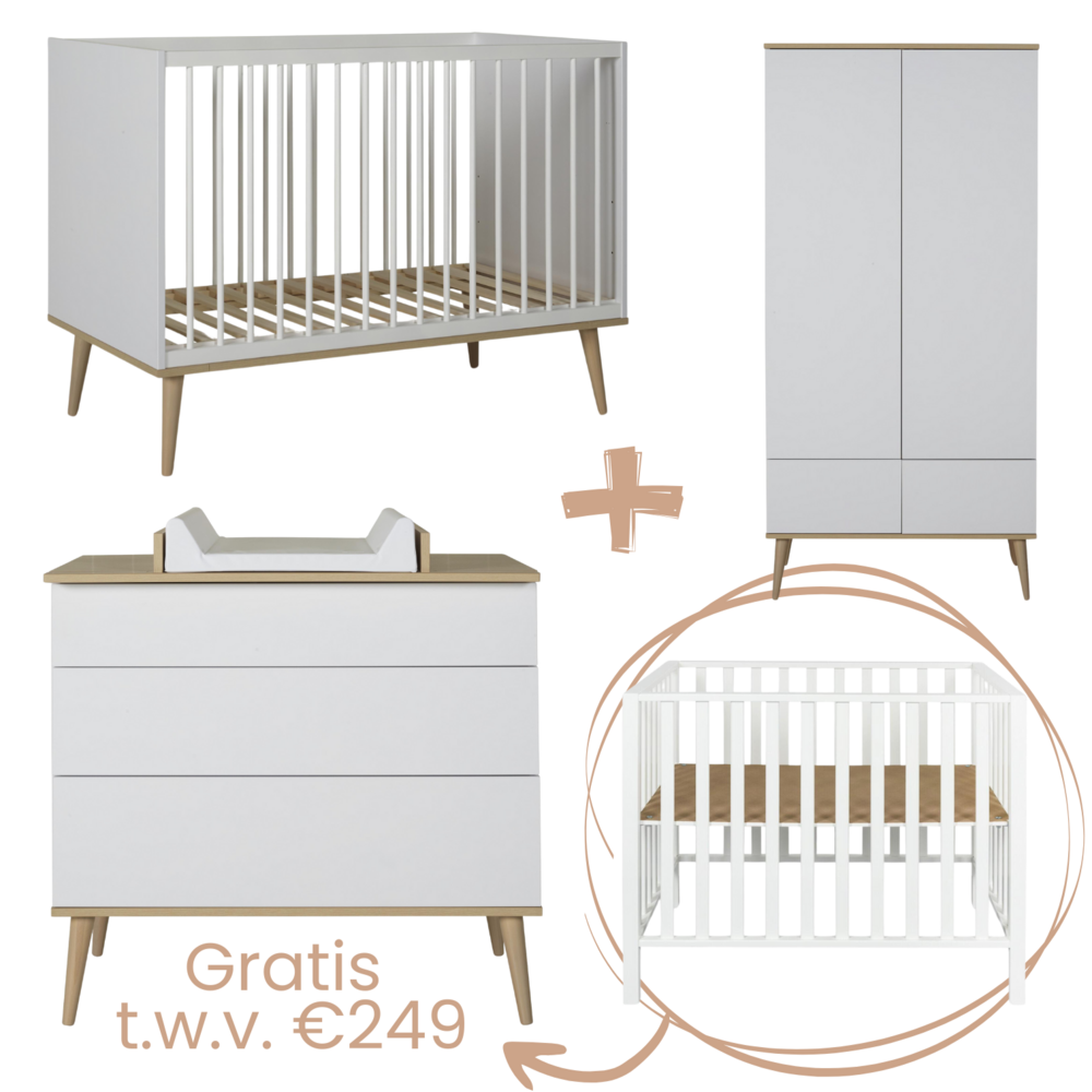 Flow White 3-delige kamer (babybed 70x140+commode+extensie+2-deurskast) + GRATIS box