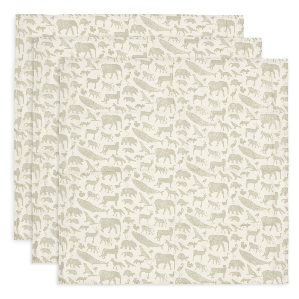 Hydrofiele Doek Small 70x70cm Animals - 3 Stuks Olive green